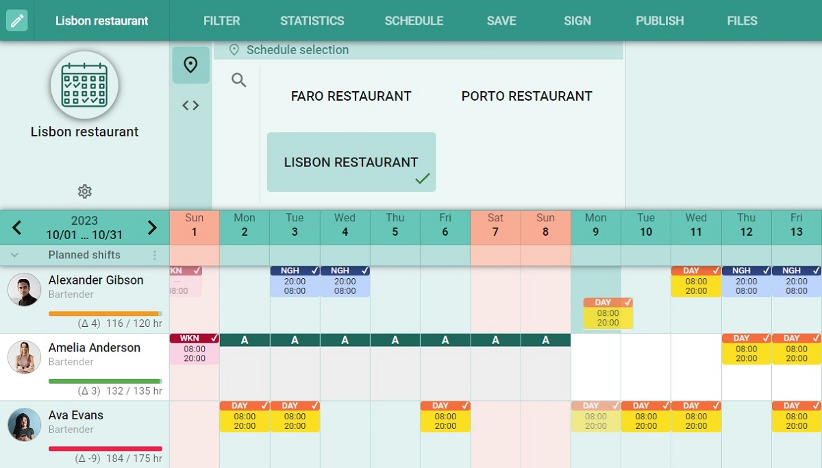 OPTAS restaurant scheduling software for different departments